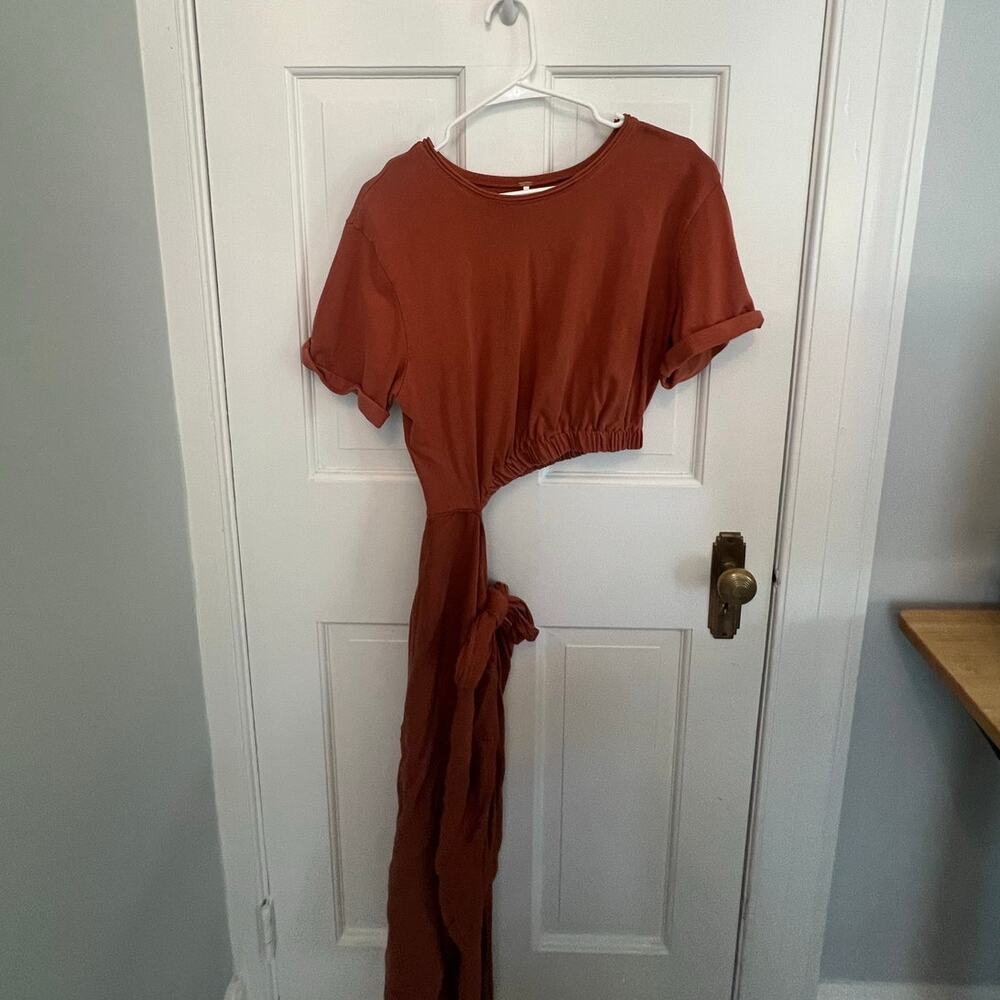 Free People Rae Maxi Dress Rust Asymmetrical Wrap Hi Low Boho Tie Waist Womens S - Picture 9 of 14